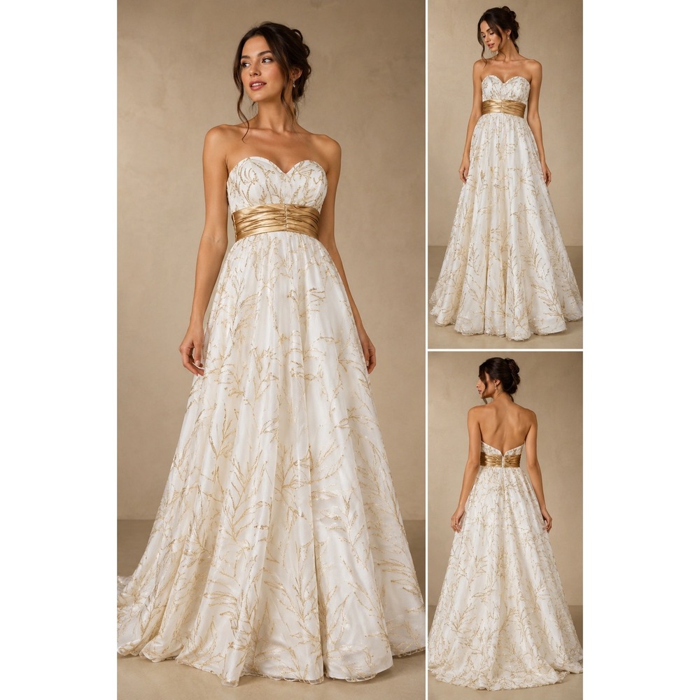 NV Couture Ball Gown Womens 4 White Gold Glitter Beaded Strapless Formal Dress‎